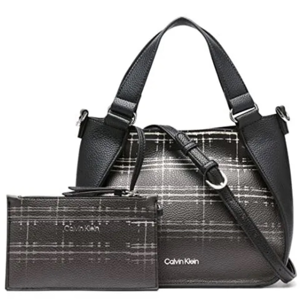 Calvin Klein Black Plaid Top-Handle Tote with Wristlet